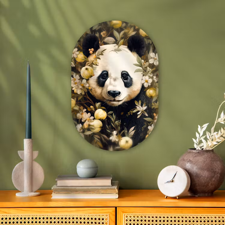 Panda - Pandabeer - Wilde dieren - Natuur - Bloemen Wandcirkel Ovaal Forex klein -sfeer2
