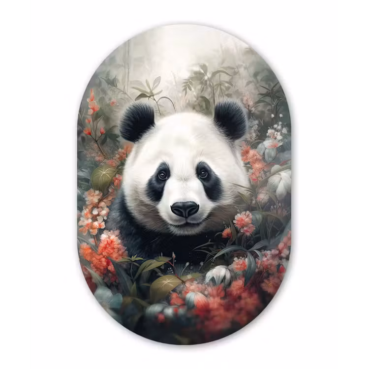 Panda - Wilde dieren - Bloemen - Natuur Wandcirkel Ovaal Forex klein -3d