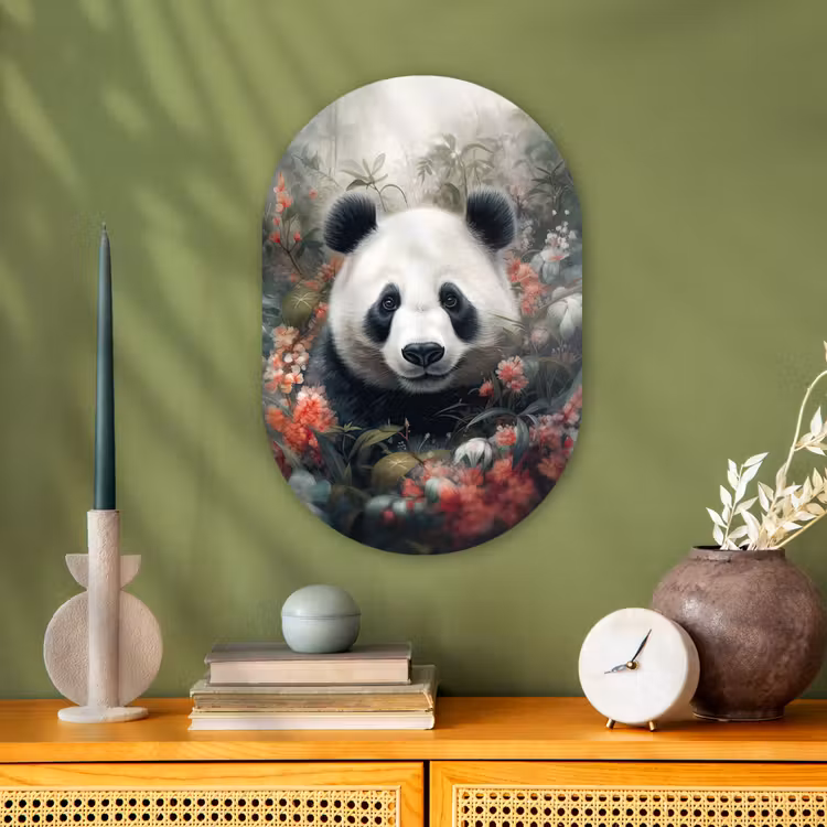 Panda - Wilde dieren - Bloemen - Natuur Wandcirkel Ovaal Forex klein -sfeer2