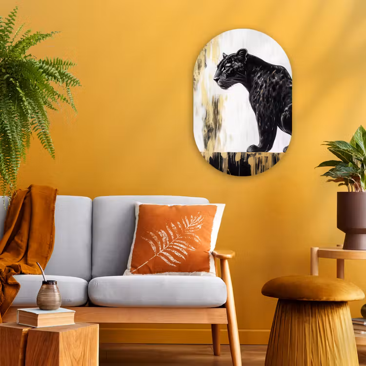 Panter - Zwart - Abstract - Goud Wandcirkel Ovaal Forex klein -sfeer4