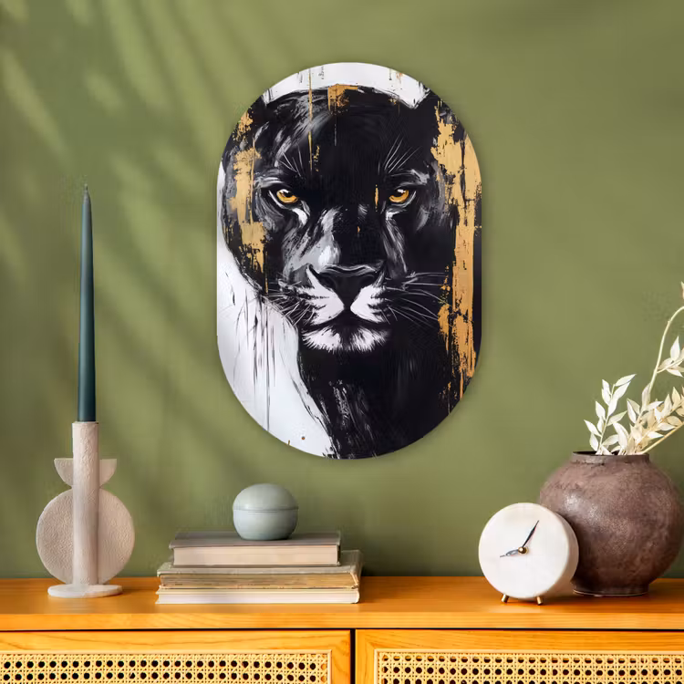 Panter - Zwart - Abstract - Verfstreken Wandcirkel Ovaal Forex klein -sfeer2