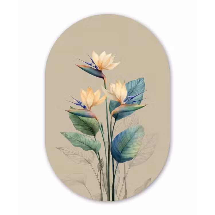 Paradijsvogelbloemen - Blauwgroene bladeren - Beige Wandcirkel Ovaal Forex klein -3d