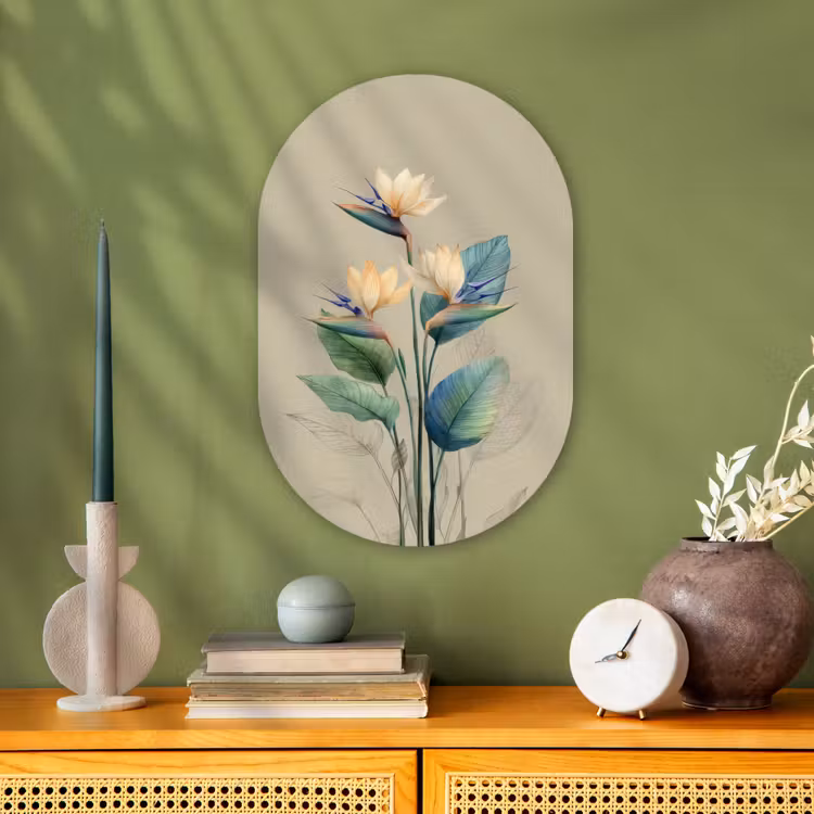 Paradijsvogelbloemen - Blauwgroene bladeren - Beige Wandcirkel Ovaal Forex klein -sfeer2