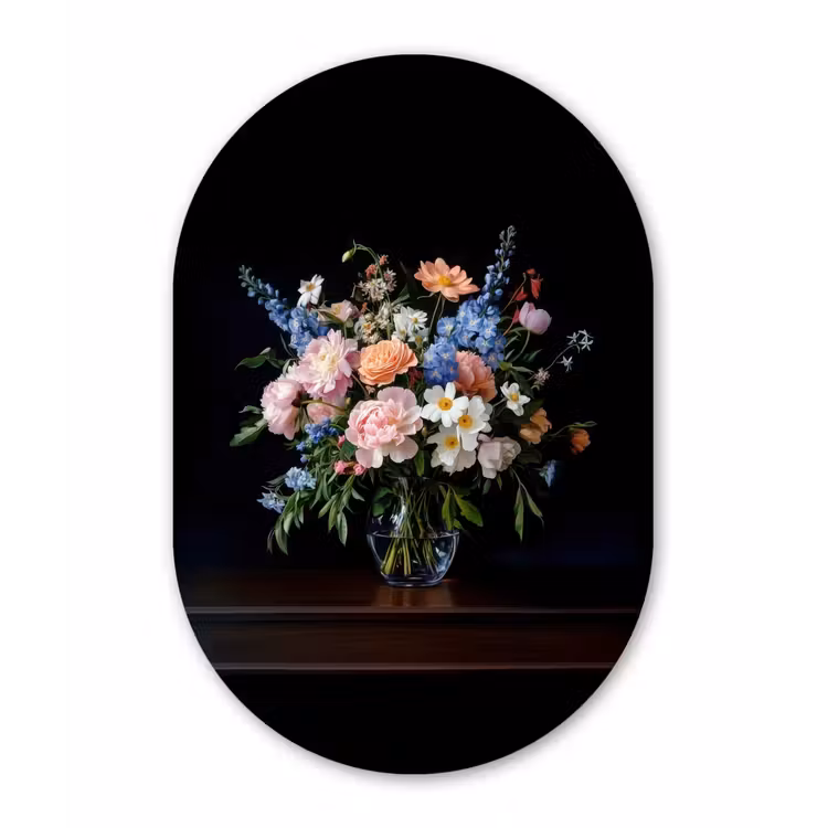 Pastel - Bloemen - Glazen - Vaas Wandcirkel Ovaal Forex klein -3d
