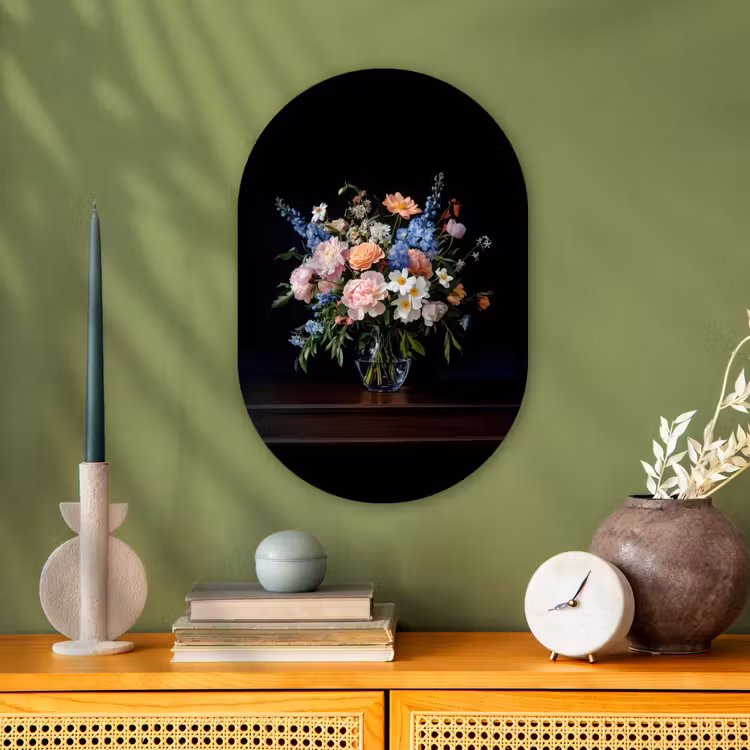 Pastel - Bloemen - Glazen - Vaas Wandcirkel Ovaal Forex klein -sfeer2
