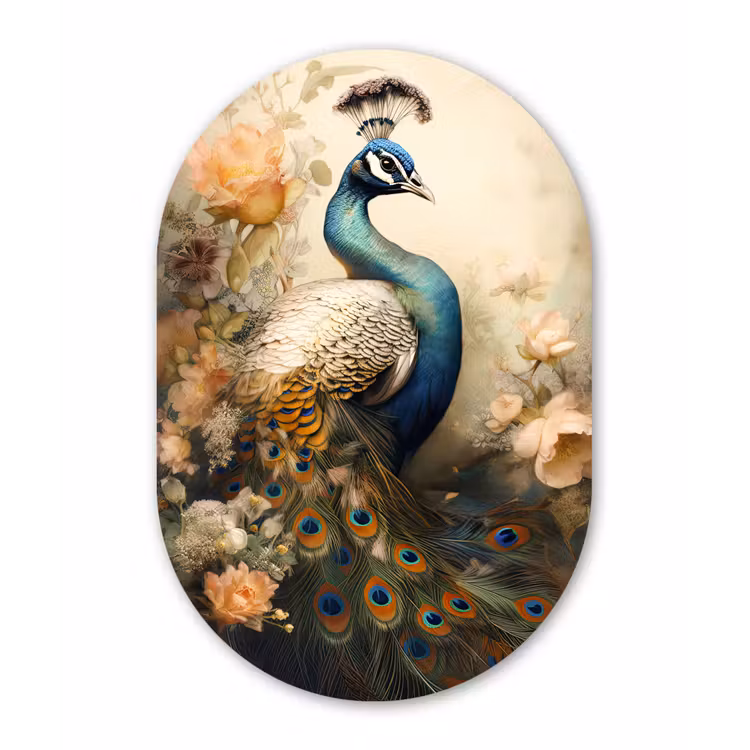 Pauw - Pauwenveren - Bloemen - Vogels - Botanisch Wandcirkel Ovaal Forex klein -3d
