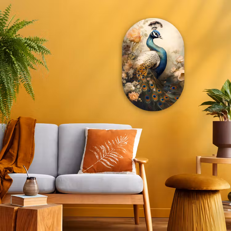 Pauw - Pauwenveren - Bloemen - Vogels - Botanisch Wandcirkel Ovaal Forex klein -sfeer4