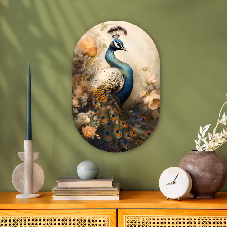 Pauw - Pauwenveren - Bloemen - Vogels - Botanisch Wandcirkel Ovaal Forex klein -sfeer2