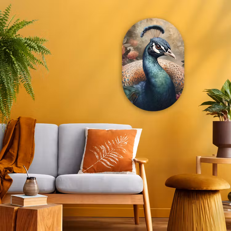 Pauw - Vogel - Bloemen - Planten - Pauwenveren Wandcirkel Ovaal Forex klein -sfeer4