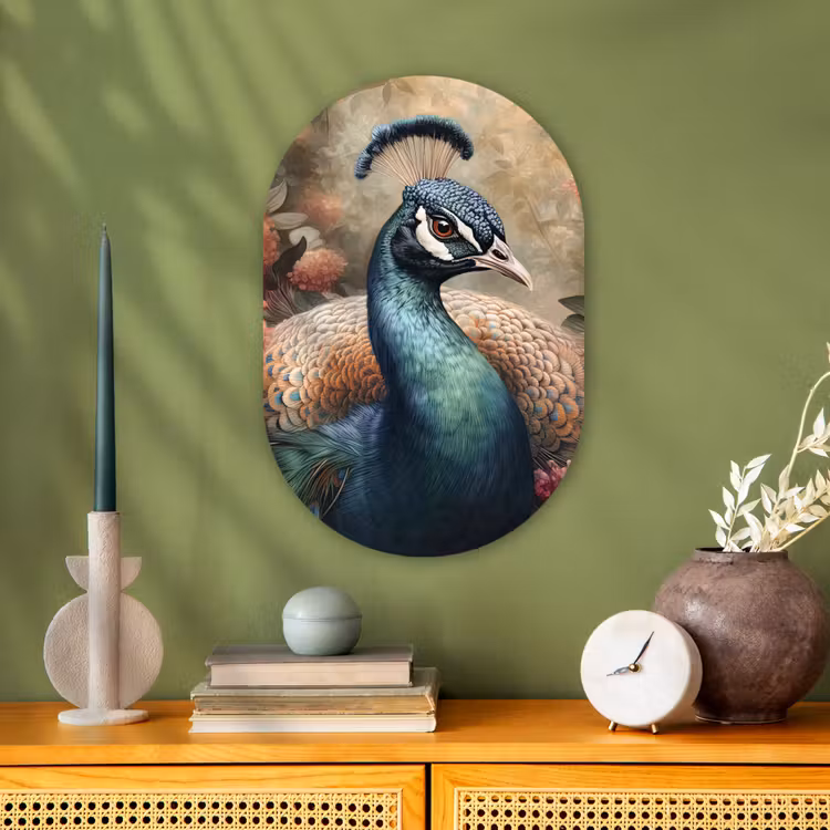 Pauw - Vogel - Bloemen - Planten - Pauwenveren Wandcirkel Ovaal Forex klein -sfeer2