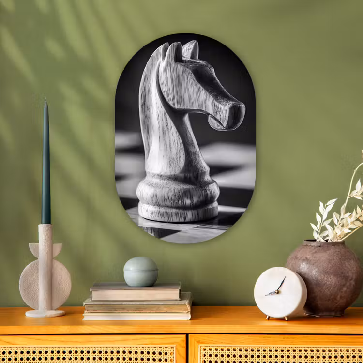 Paard - Hout - Schaalbord - Zwart Wandcirkel Ovaal Forex klein -sfeer2