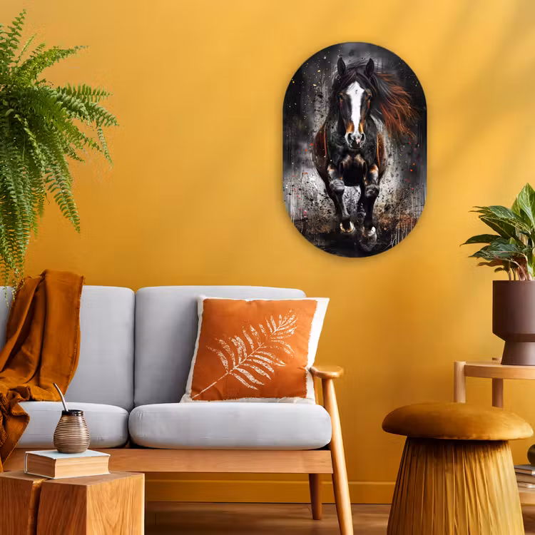 Paard - Dieren - Zwart - Luxe - Modern Wandcirkel Ovaal Forex klein -sfeer4