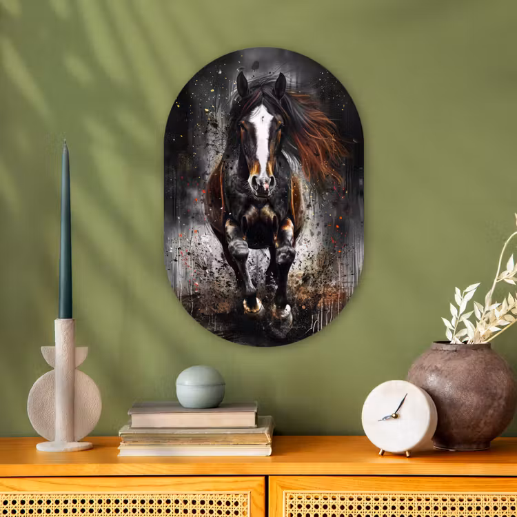 Paard - Dieren - Zwart - Luxe - Modern Wandcirkel Ovaal Forex klein -sfeer2