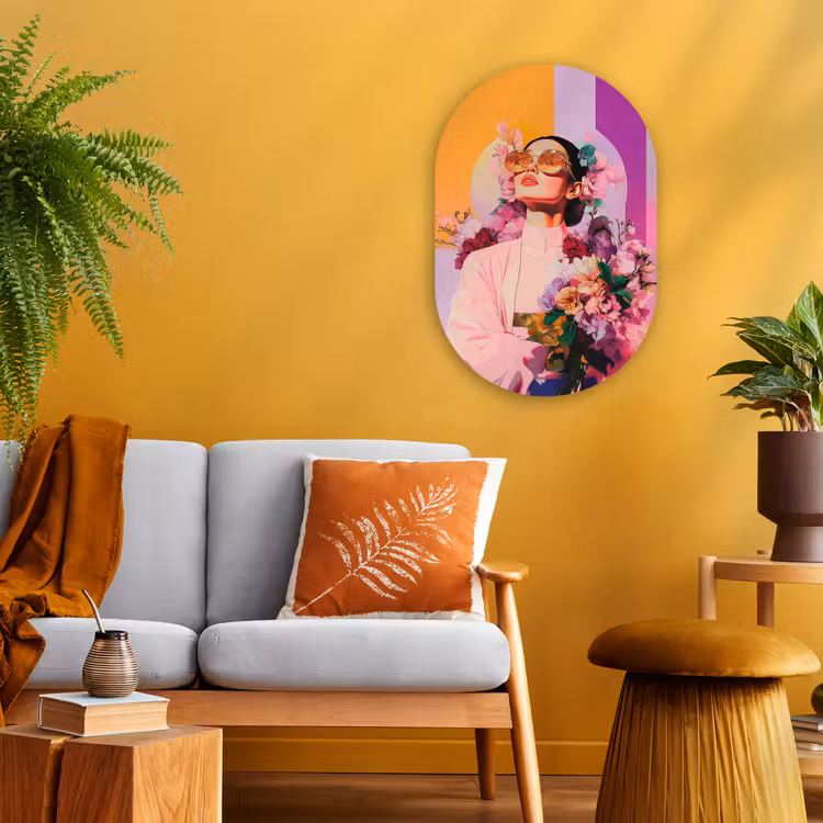 Portret - Vrouw - Abstract - Bloemen Wandcirkel Ovaal Forex klein -sfeer4