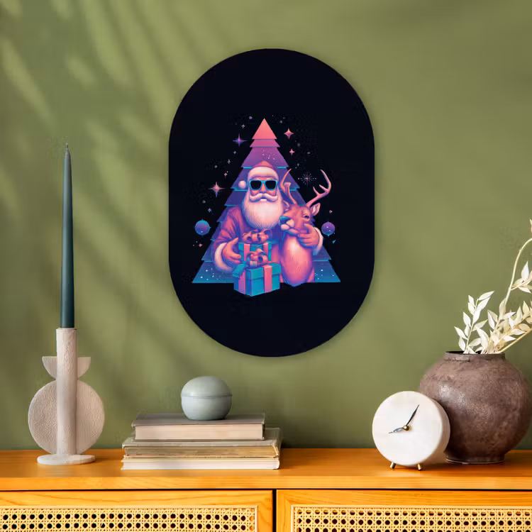 Retro - Kerstman - Rendieren - Kerstboom Wandcirkel Ovaal Forex klein -sfeer2