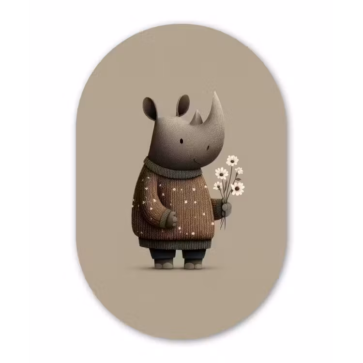 Neushoorn - Witte bloemen - Lief Wandcirkel Ovaal Forex klein -3d