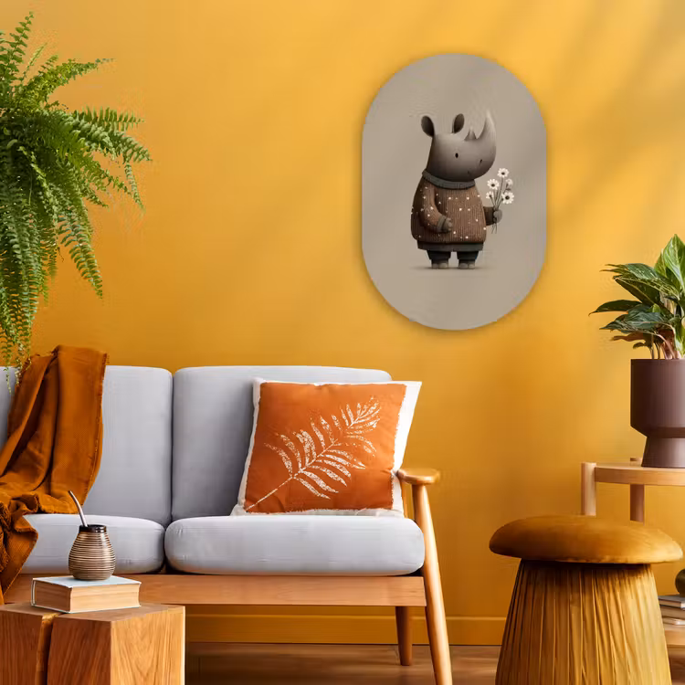 Neushoorn - Witte bloemen - Lief Wandcirkel Ovaal Forex klein -sfeer4
