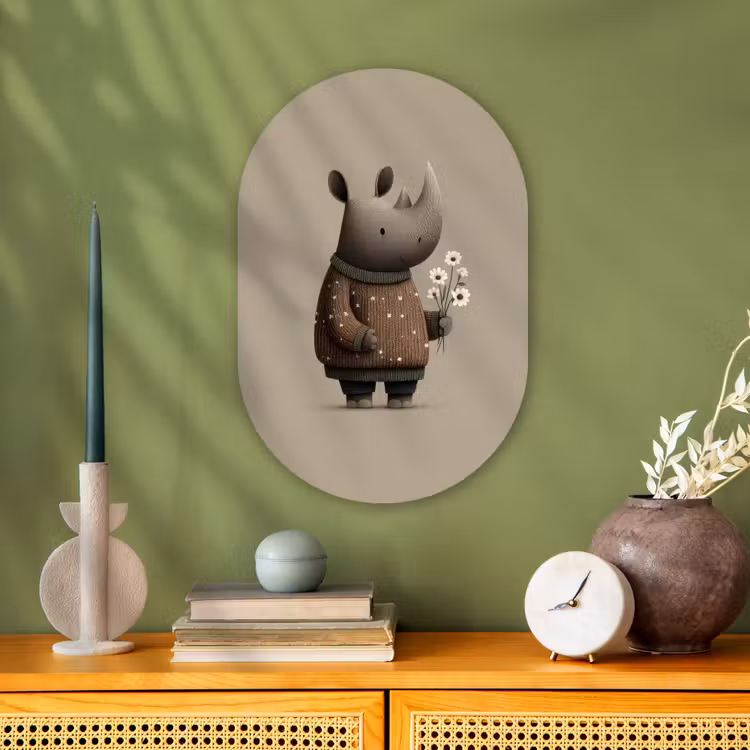 Neushoorn - Witte bloemen - Lief Wandcirkel Ovaal Forex klein -sfeer2