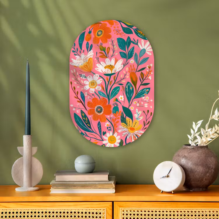 Roze - Bloemen - Wit - Oranje Wandcirkel Ovaal Forex klein -sfeer2