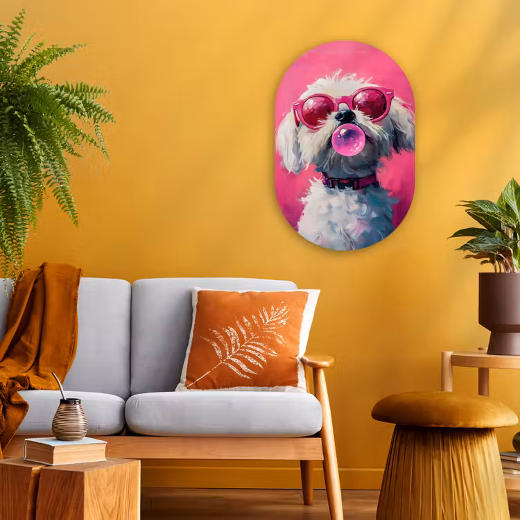 Pink - Hond - Bubbel Wandcirkel Ovaal Forex klein -sfeer4