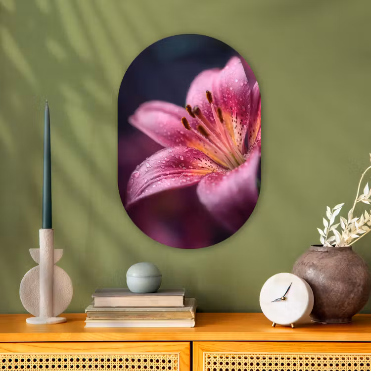 Roze - lelie - Dauwdruppels Wandcirkel Ovaal Forex klein -sfeer2