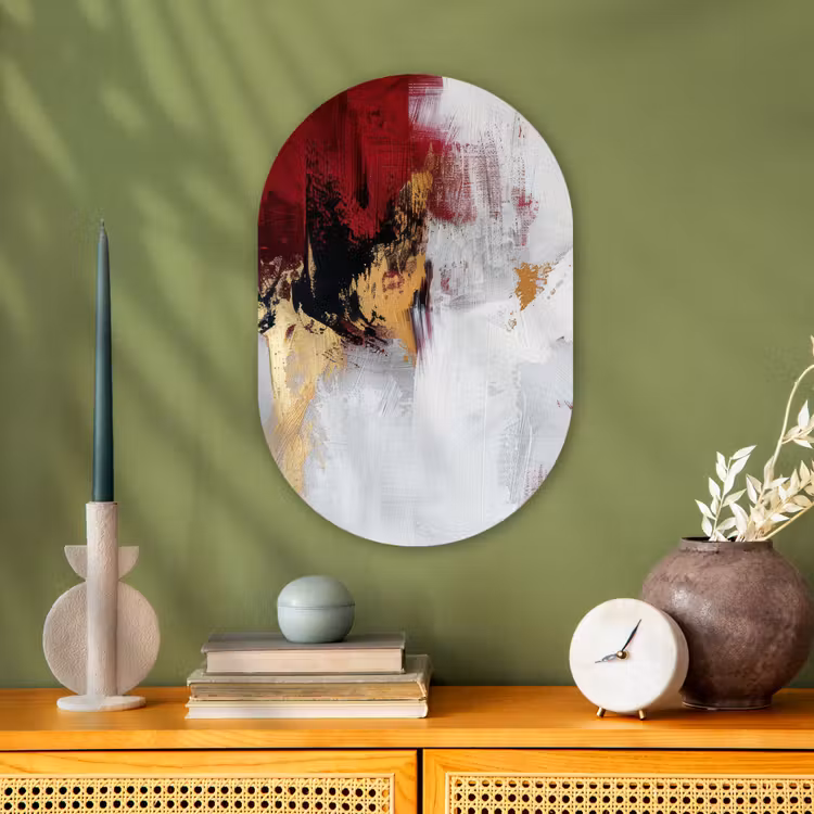 Rood - Marmer - Abstract - Goud - Modern Wandcirkel Ovaal Forex klein -sfeer2