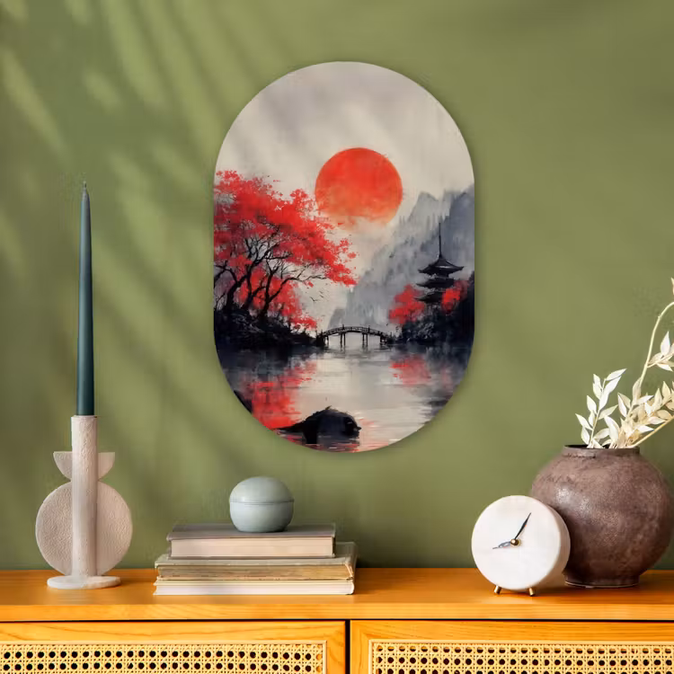 Rode zon - Rivier - brug - Bomen Wandcirkel Ovaal Forex klein -sfeer2