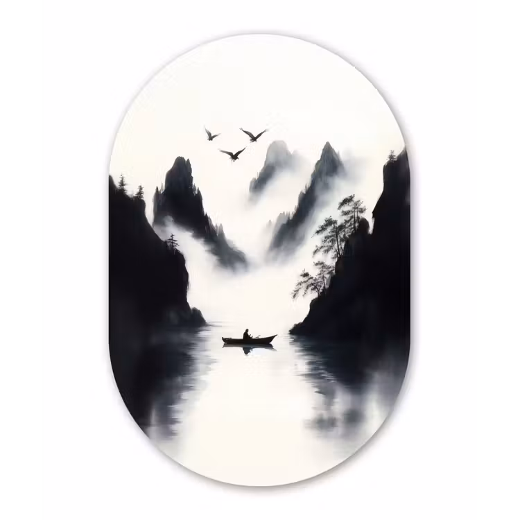 Roeiboot - Mistig - Bergen - Vogels Wandcirkel Ovaal Forex klein -3d