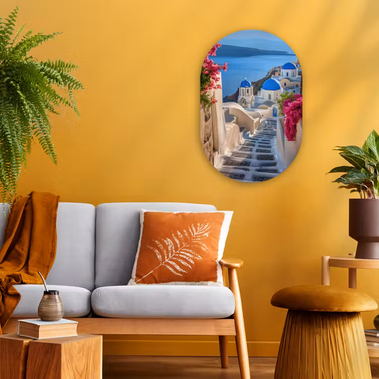 Santorini - Bloemen - Griekenland Wandcirkel Ovaal Forex klein -sfeer4