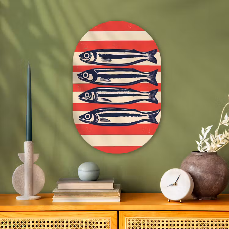 Sardines - Rood en beige strepen Wandcirkel Ovaal Forex klein -sfeer2