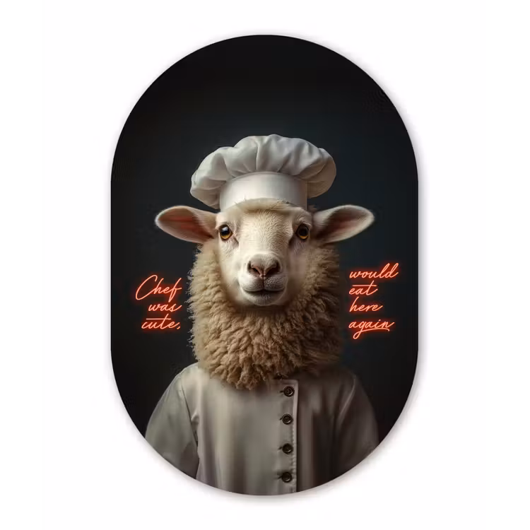 Schaap - Kokskleding - Neon - Quote Wandcirkel Ovaal Forex klein -3d