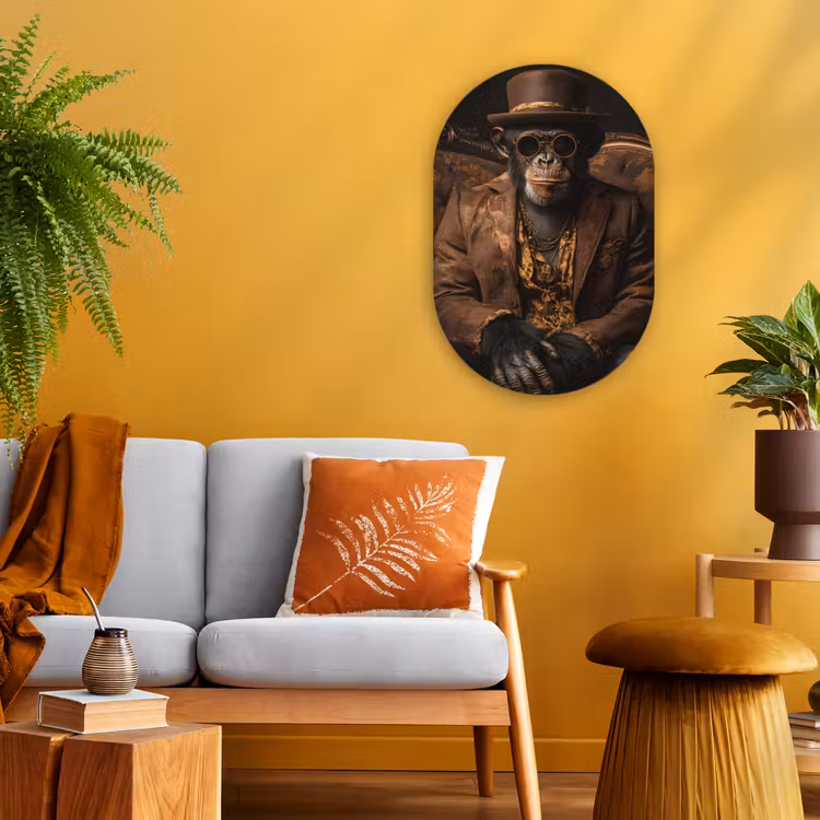 Chimpansee - Stoel - Pak - Bruin Wandcirkel Ovaal Forex klein -sfeer4