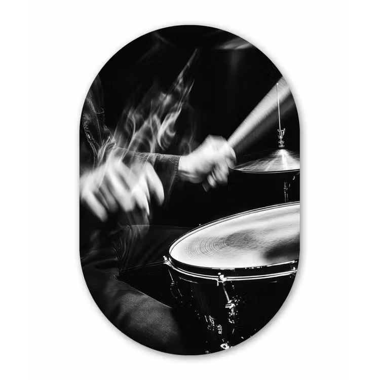 Drummer - Zwart - Drumstel Wandcirkel Ovaal Forex klein -3d