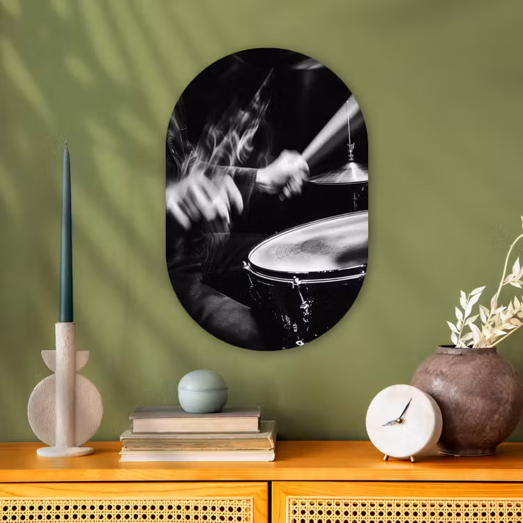 Drummer - Zwart - Drumstel Wandcirkel Ovaal Forex klein -sfeer2