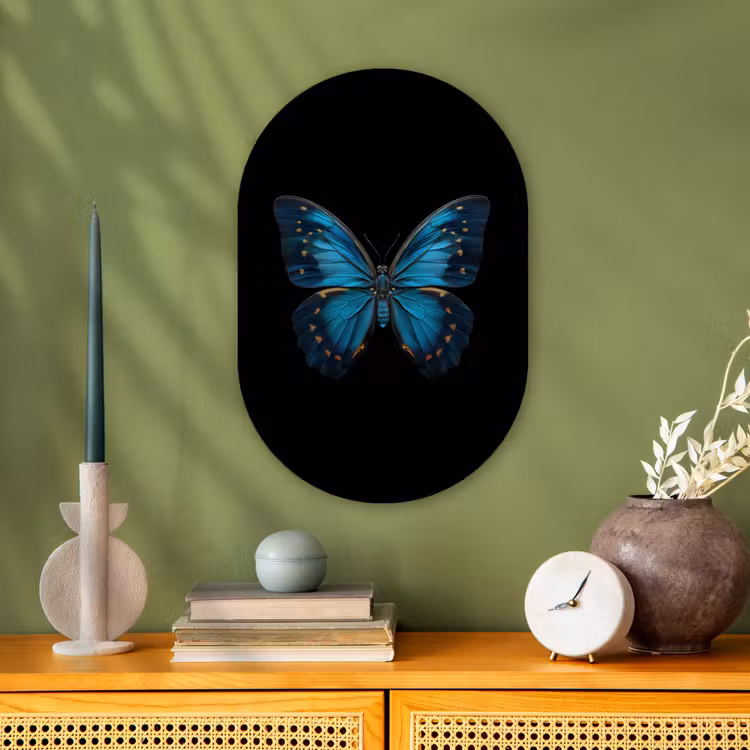 Vlinder - Blauw - Contrast Wandcirkel Ovaal Forex klein -sfeer2