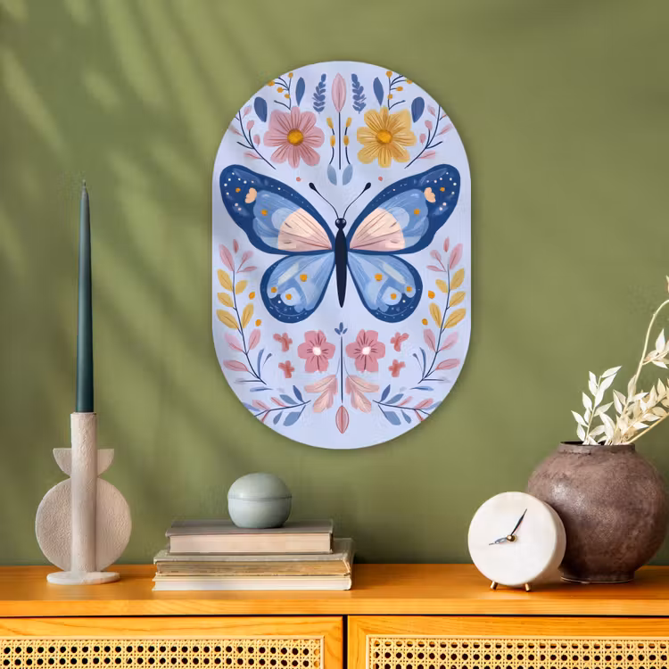 Vlinder - Lichtblauw - Sierlijk - Bloemen Wandcirkel Ovaal Forex klein -sfeer2