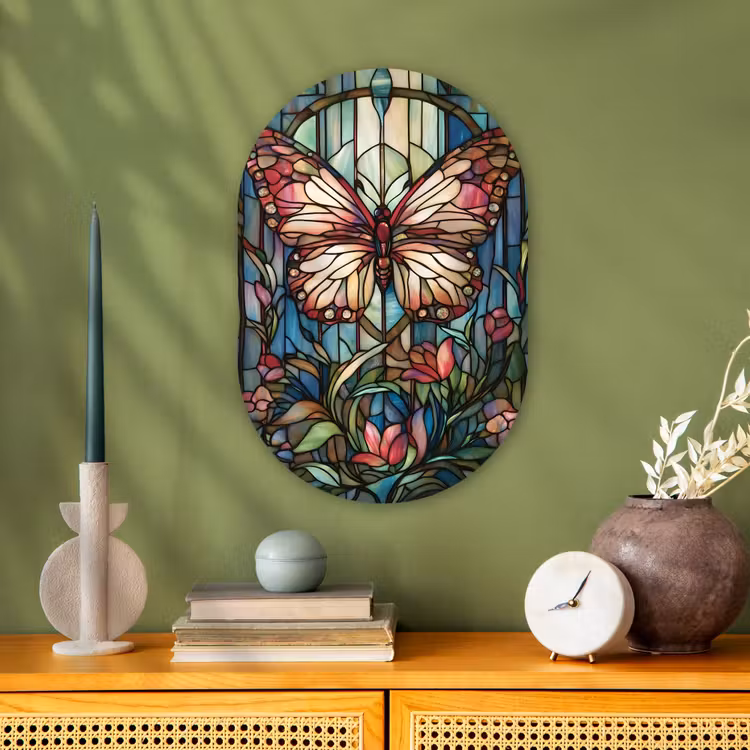Vlinder - Roze - Bloemen - Bladeren Wandcirkel Ovaal Forex klein -sfeer2