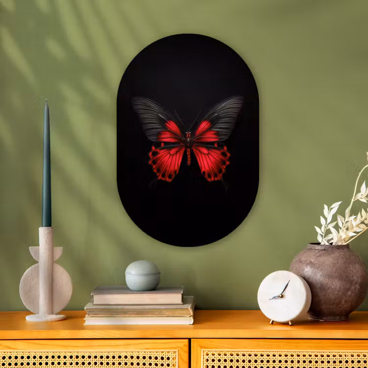 Vlinder - Rood - Contrast Wandcirkel Ovaal Forex klein -sfeer2