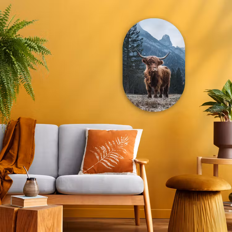 Schotse hooglander - Berg - Landschap - Bomen - Koe - Natuur Wandcirkel Ovaal Forex klein -sfeer4