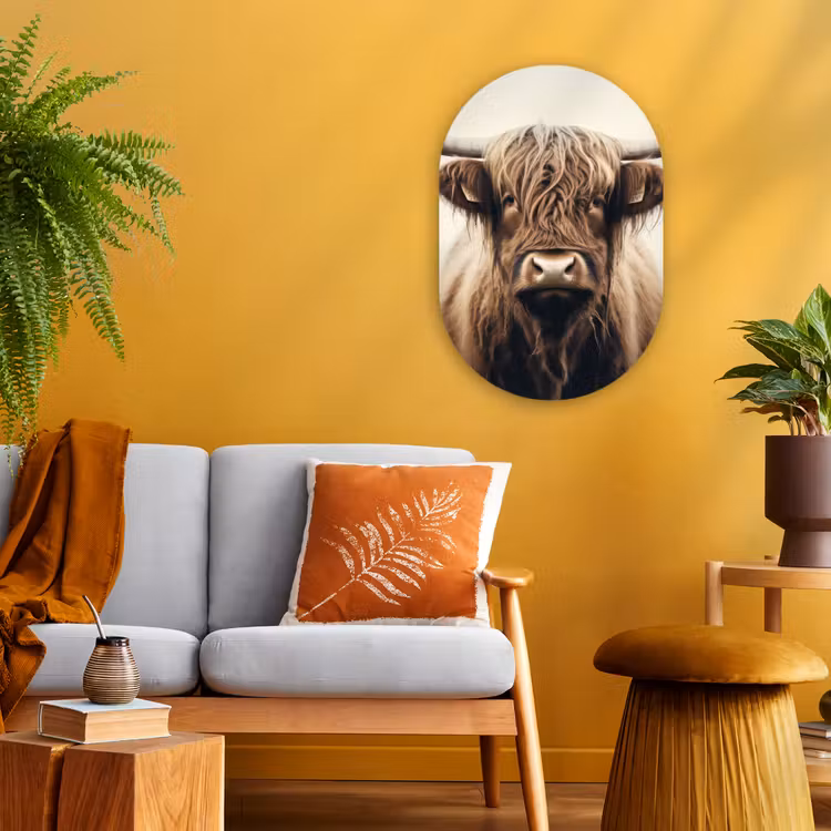 Schotse hooglander - Hoorns - Landschap Wandcirkel Ovaal Forex klein -sfeer4