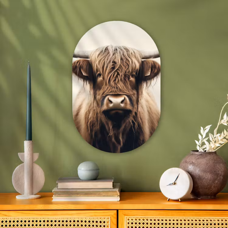 Schotse hooglander - Hoorns - Landschap Wandcirkel Ovaal Forex klein -sfeer2