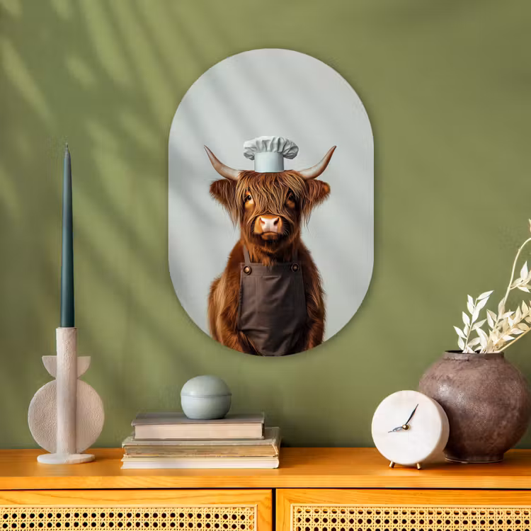 Schotse Hooglander - Bruin - Hoorns - Kokskleding Wandcirkel Ovaal Forex klein -sfeer2