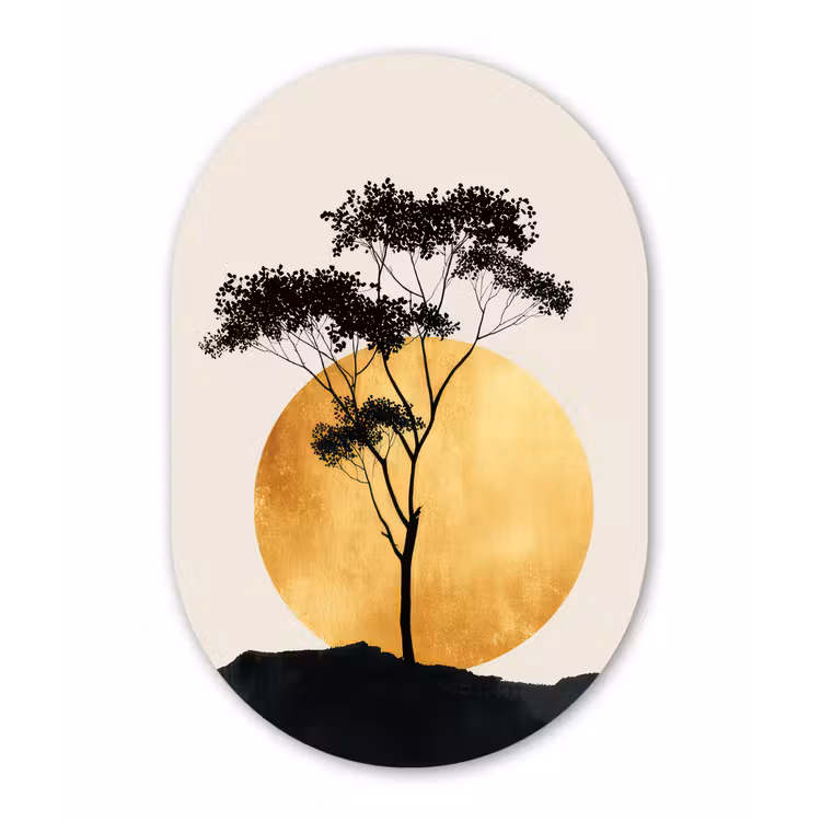 Zwarte boom - Gouden cirkel - Heuvel Wandcirkel Ovaal Forex klein -3d