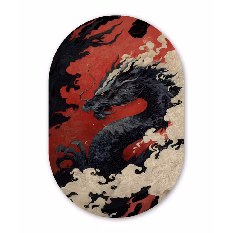 Zwarte draak - Rookwolken - Rood Wandcirkel Ovaal Forex klein -3d