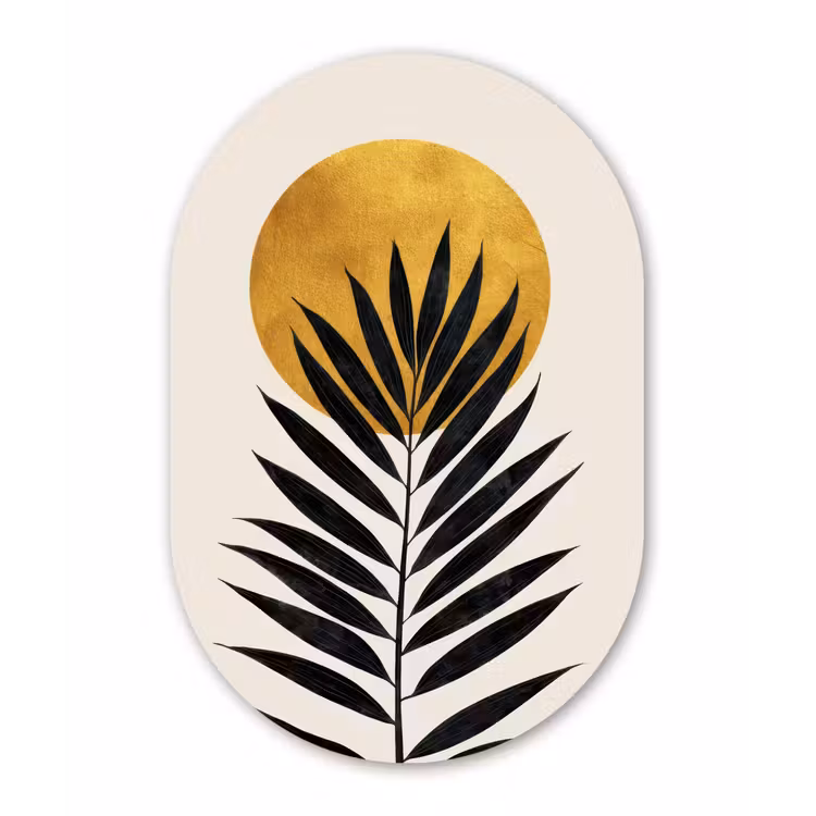 Zwart palmblad - Gouden cirkel - Beige achtergrond Wandcirkel Ovaal Forex klein -3d