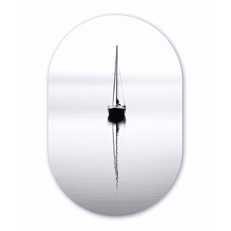 Zeilboot - Zwart - Water - Silhouet Wandcirkel Ovaal Forex klein -3d