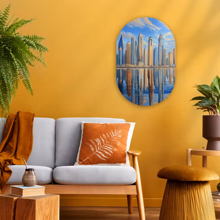 Skyline - Wolkenkrabbers - Water - Blauw Wandcirkel Ovaal Forex klein -sfeer4