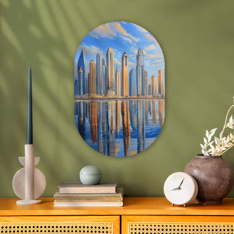 Skyline - Wolkenkrabbers - Water - Blauw Wandcirkel Ovaal Forex klein -sfeer2