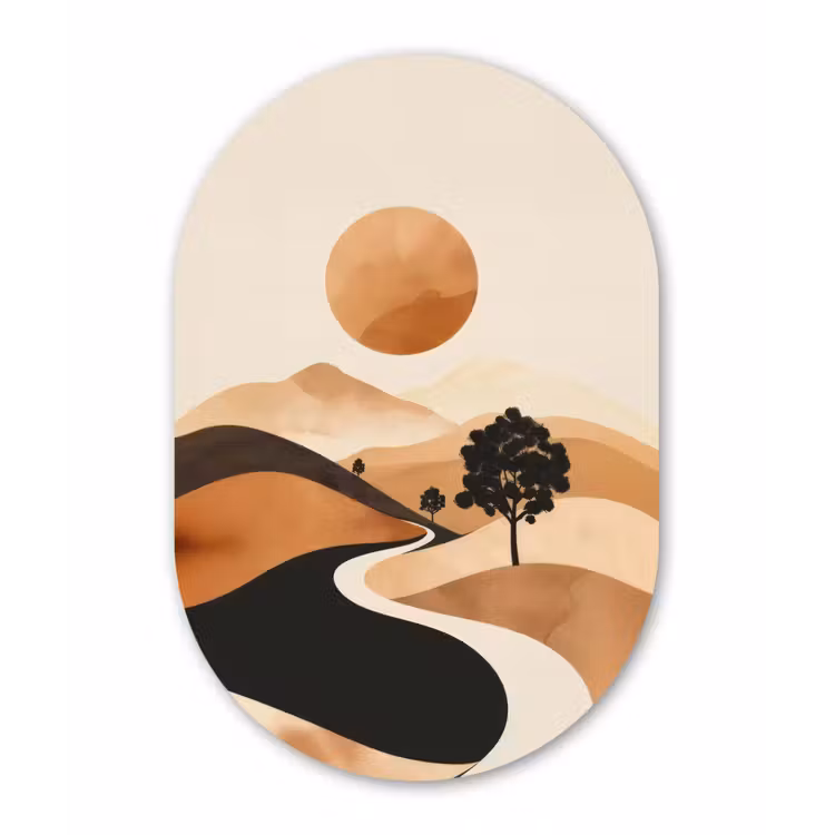 Zon - Heuvels - Boom - Abstract Wandcirkel Ovaal Forex klein -3d