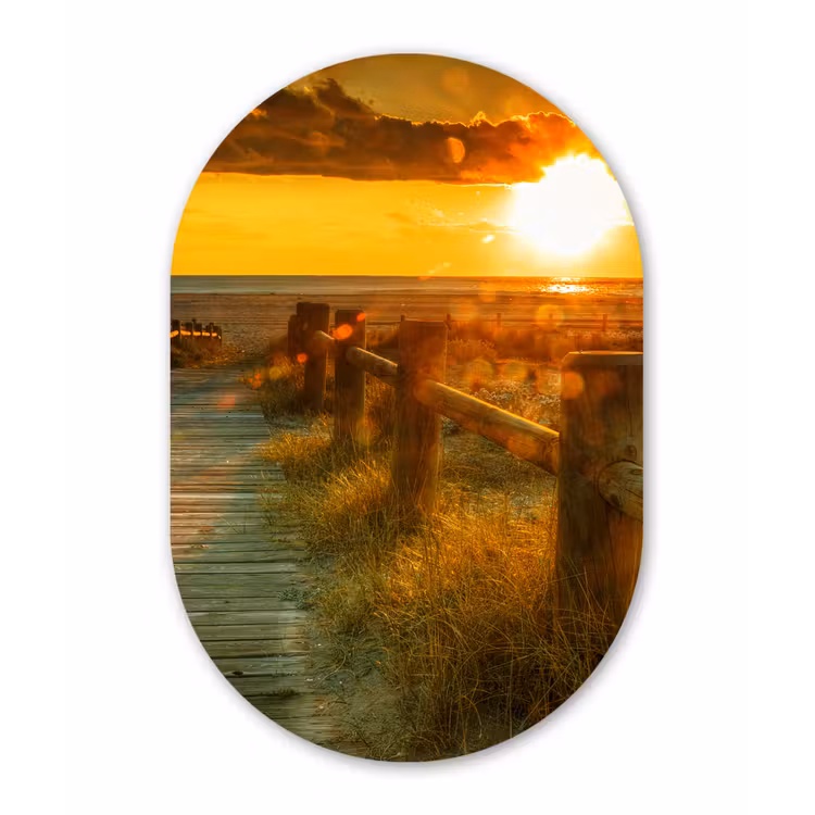 Zon - Strand - Duin - Horizon - Gras - Pad - Oranje Wandcirkel Ovaal Forex klein -3d